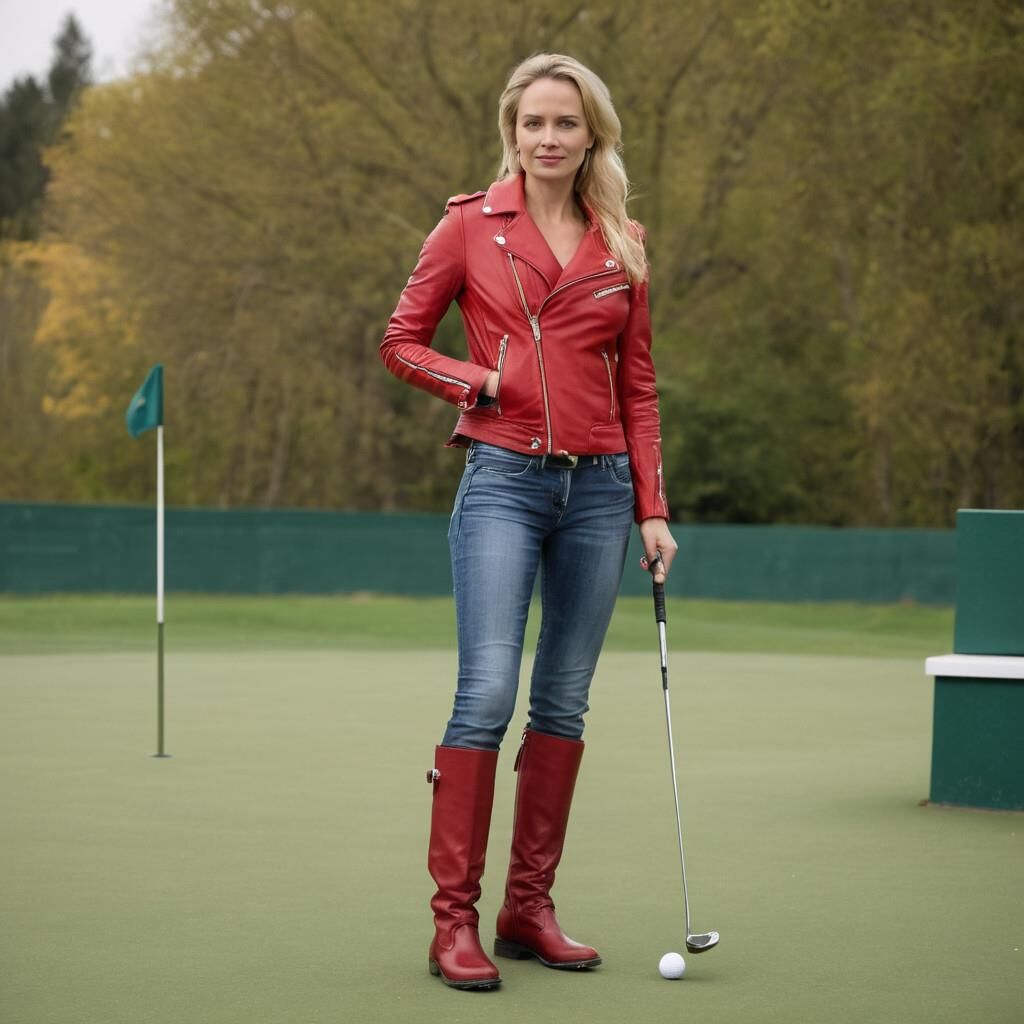 A.I. Sofia Helin in Red Leather Jacket on a Golf court.