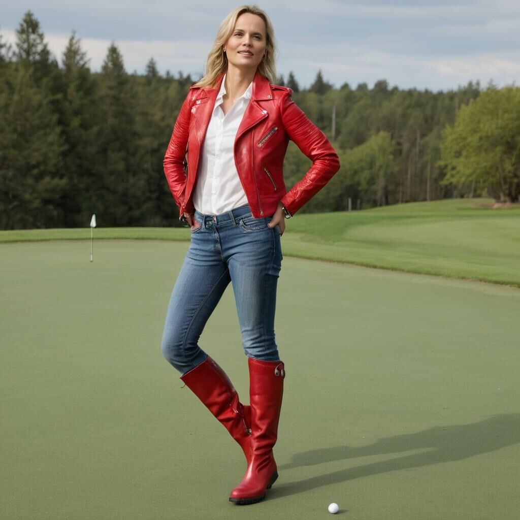 A.I. Sofia Helin in Red Leather Jacket on a Golf court.