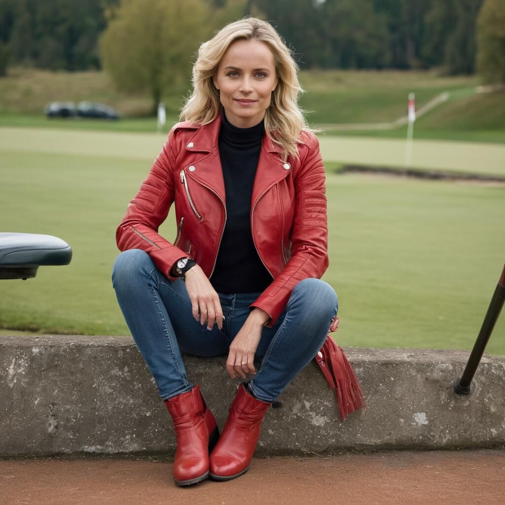 A.I. Sofia Helin in Red Leather Jacket on a Golf court.