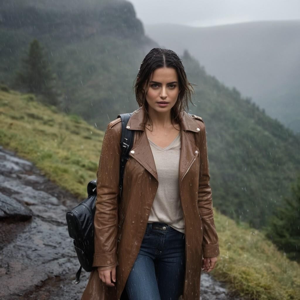 A.I. Ana de Arnas in Leather coat and boots hiking