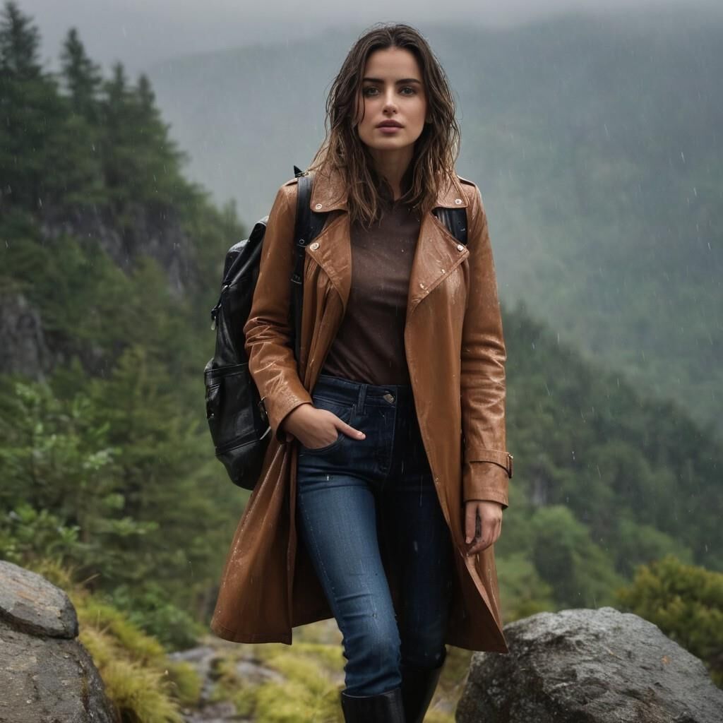 A.I. Ana de Arnas in Leather coat and boots hiking