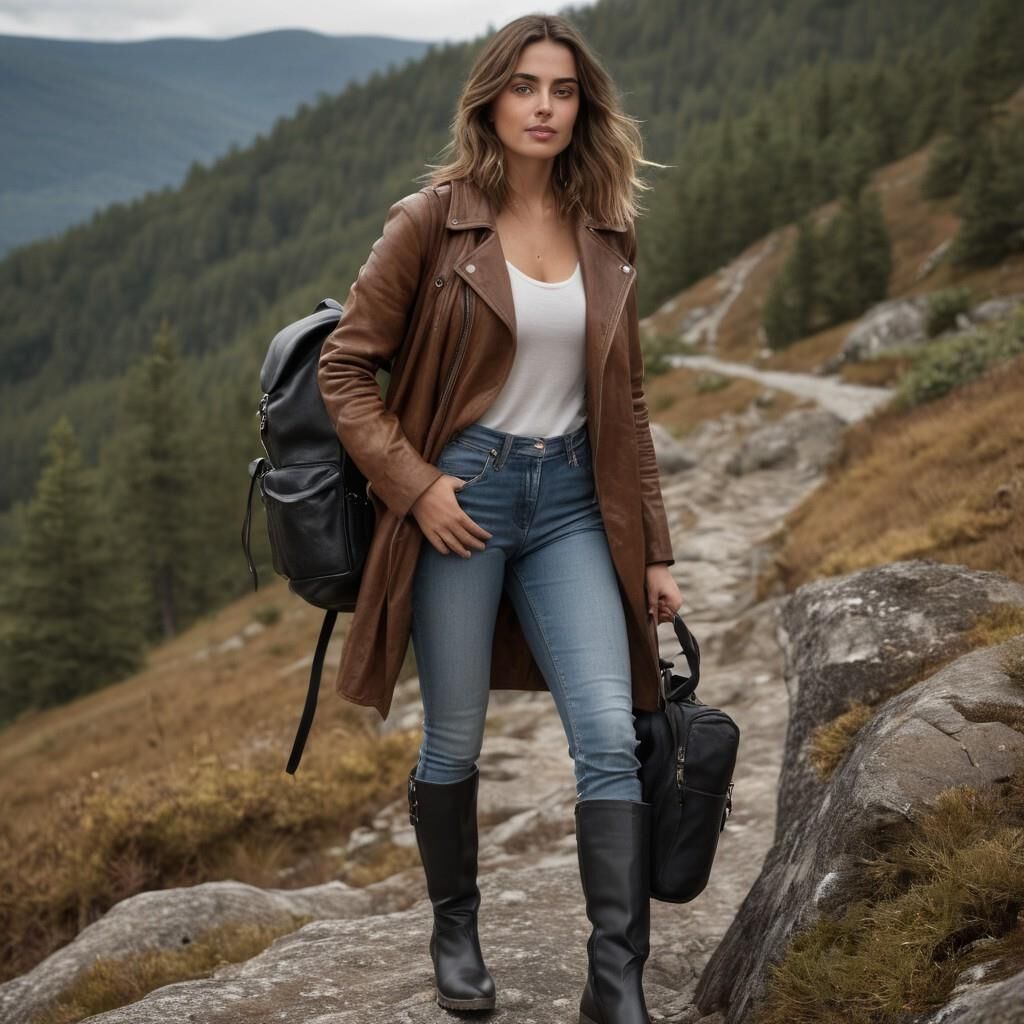 A.I. Ana de Arnas in Leather coat and boots hiking