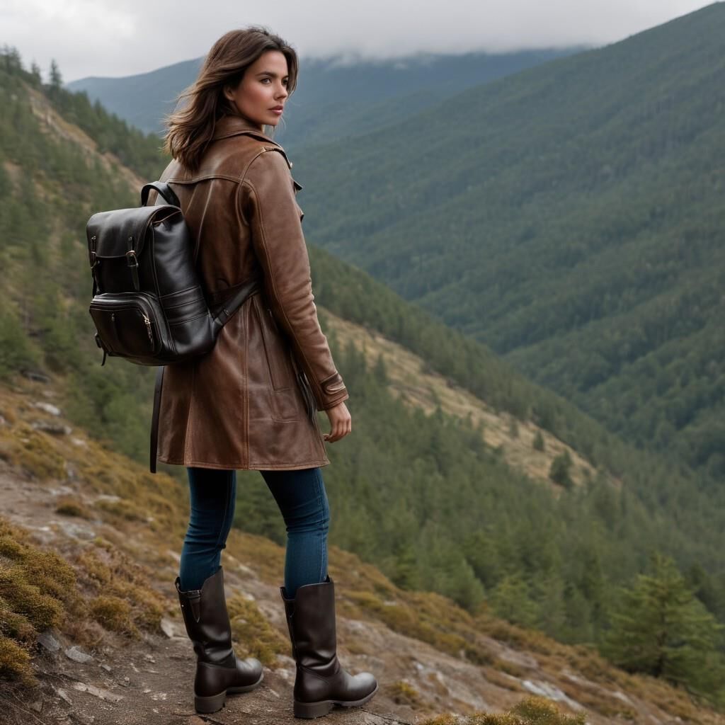 A.I. Ana de Arnas in Leather coat and boots hiking