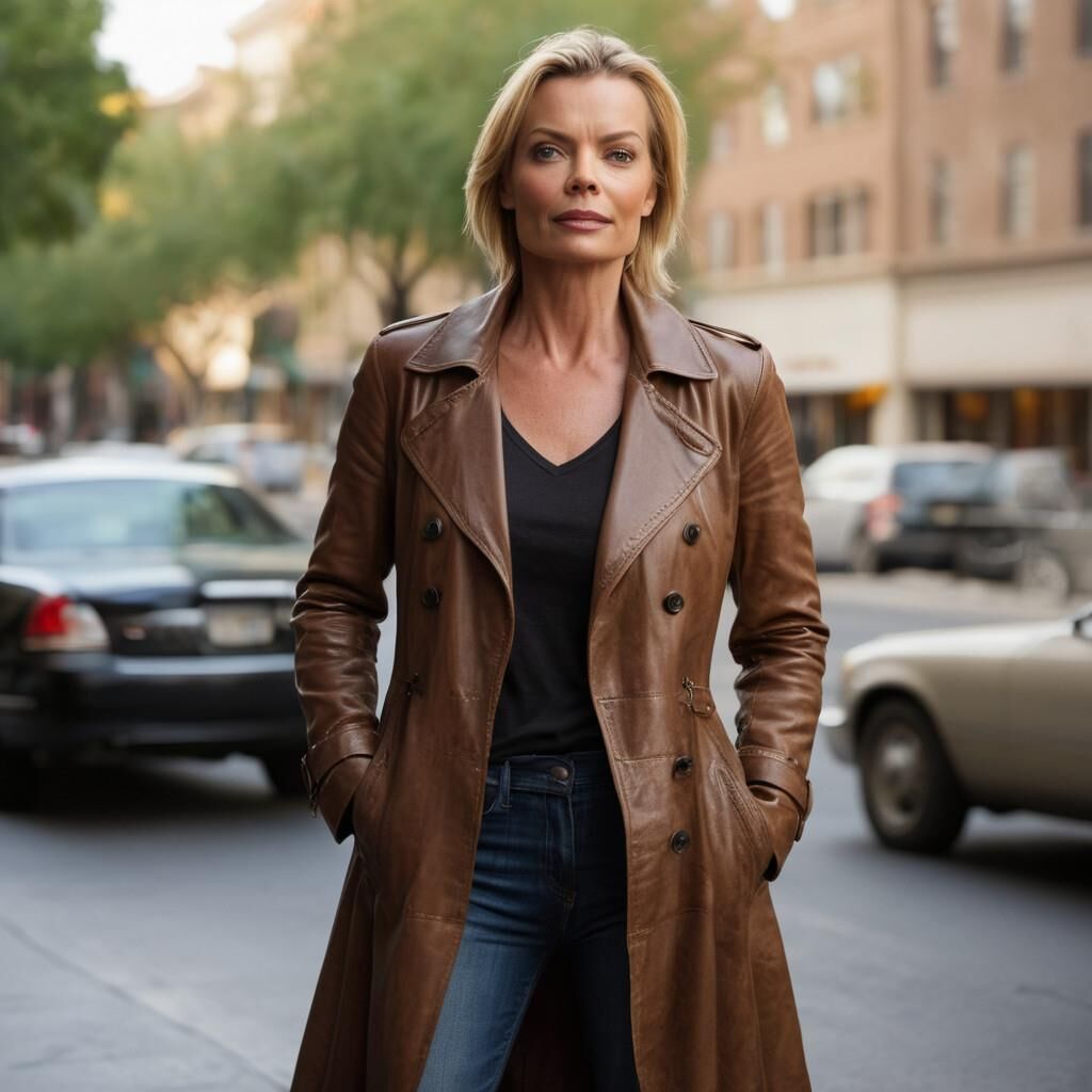 A.I.Jaime Pressly en abrigo de cuero