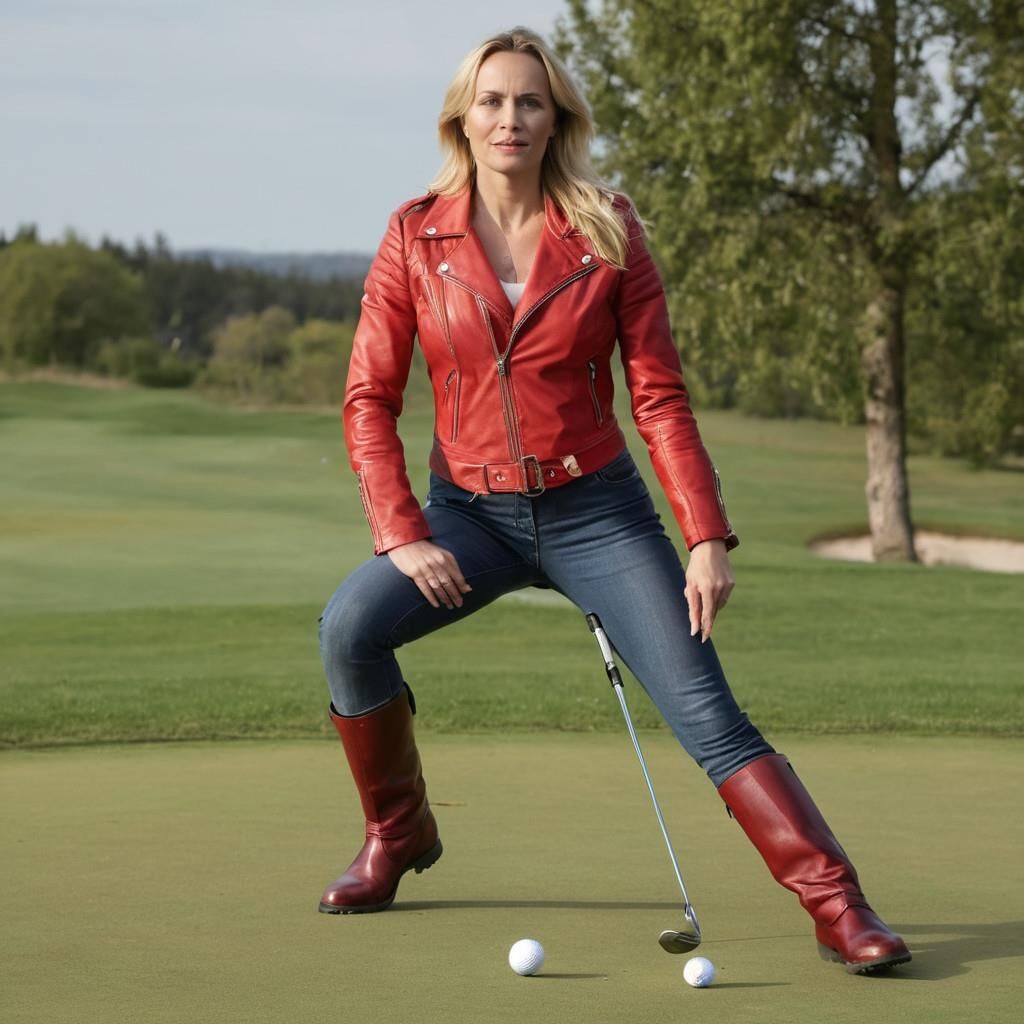 A.I. Sofia Helin in Red Leather Jacket on a Golf court.