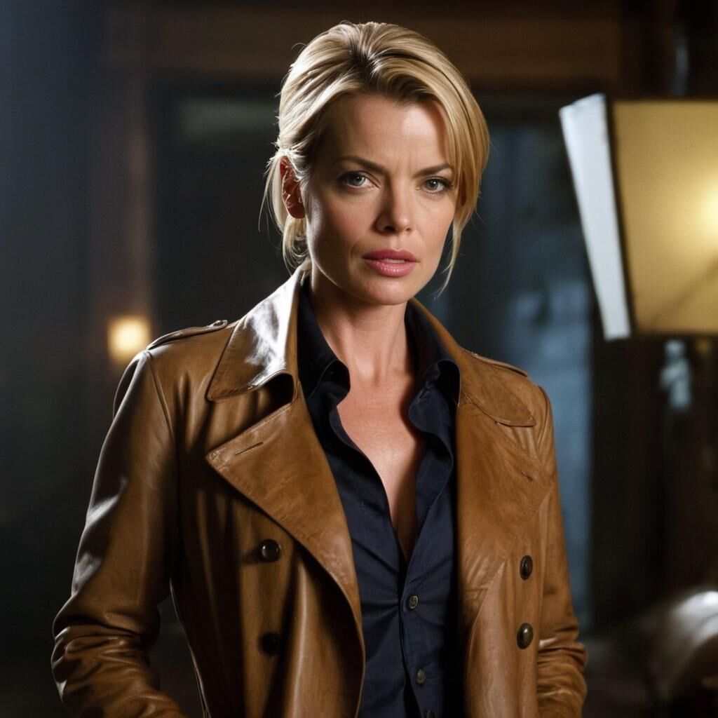 A.I.Jaime Pressly en abrigo de cuero