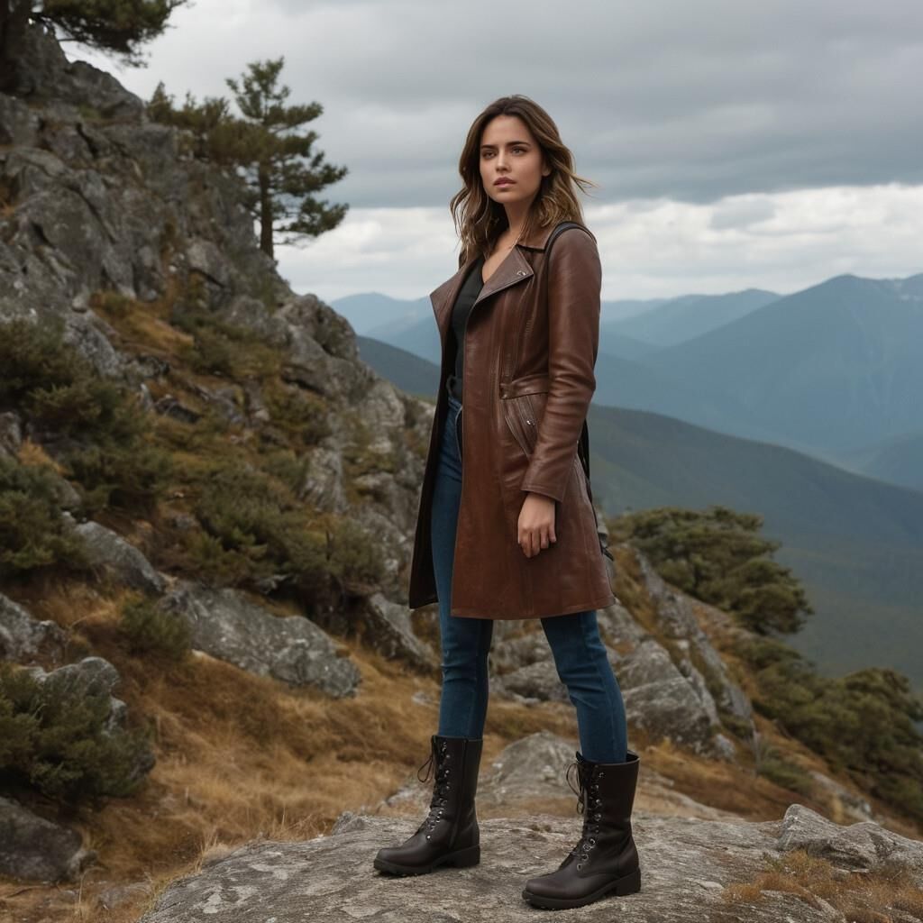 A.I. Ana de Arnas in Leather coat and boots hiking