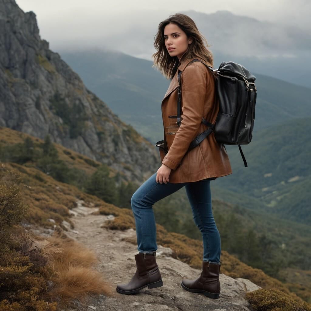 A.I. Ana de Arnas in Leather coat and boots hiking