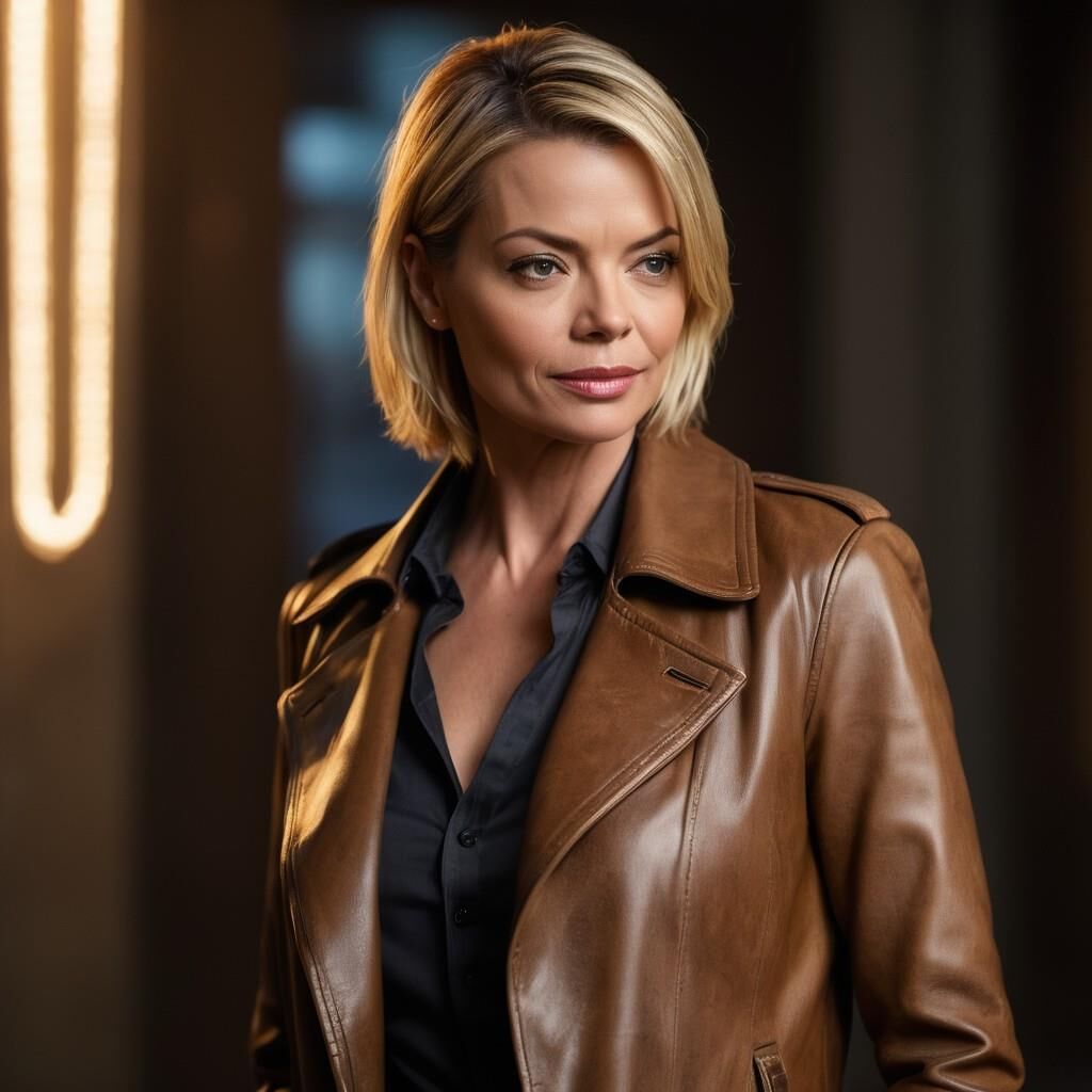 A.I.Jaime Pressly en abrigo de cuero