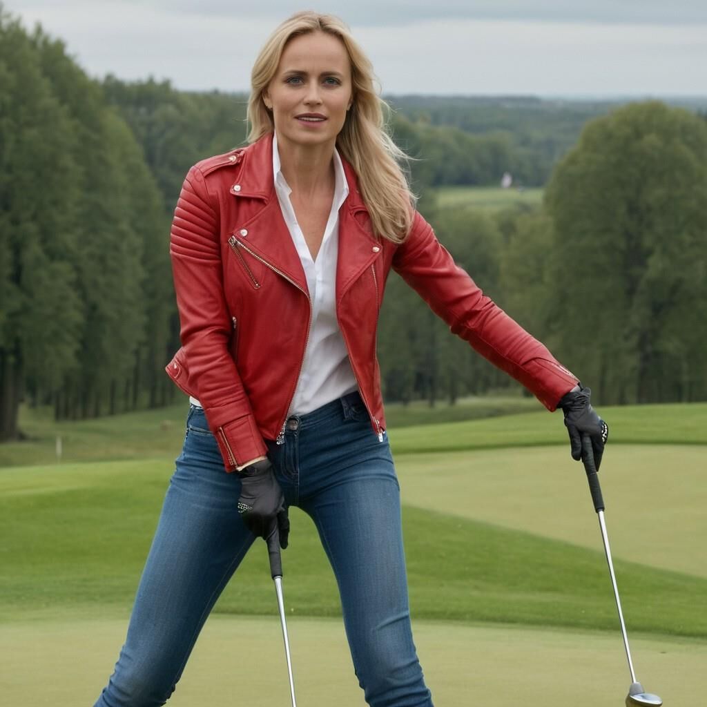 A.I. Sofia Helin in Red Leather Jacket on a Golf court.