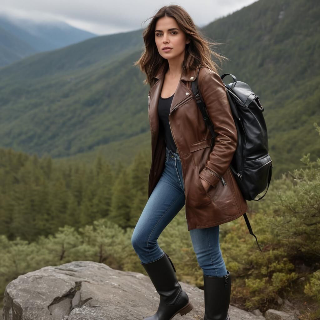 A.I. Ana de Arnas in Leather coat and boots hiking