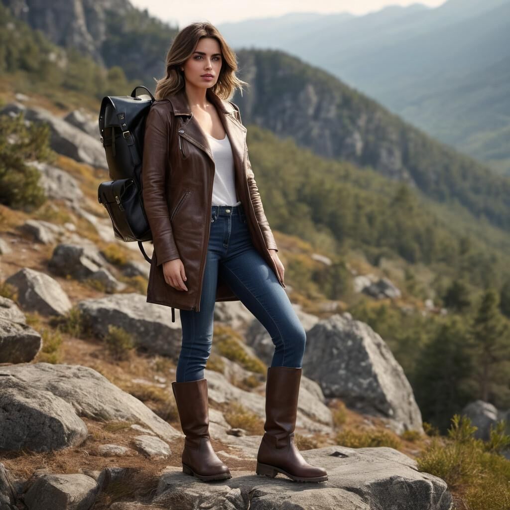 A.I. Ana de Arnas in Leather coat and boots hiking