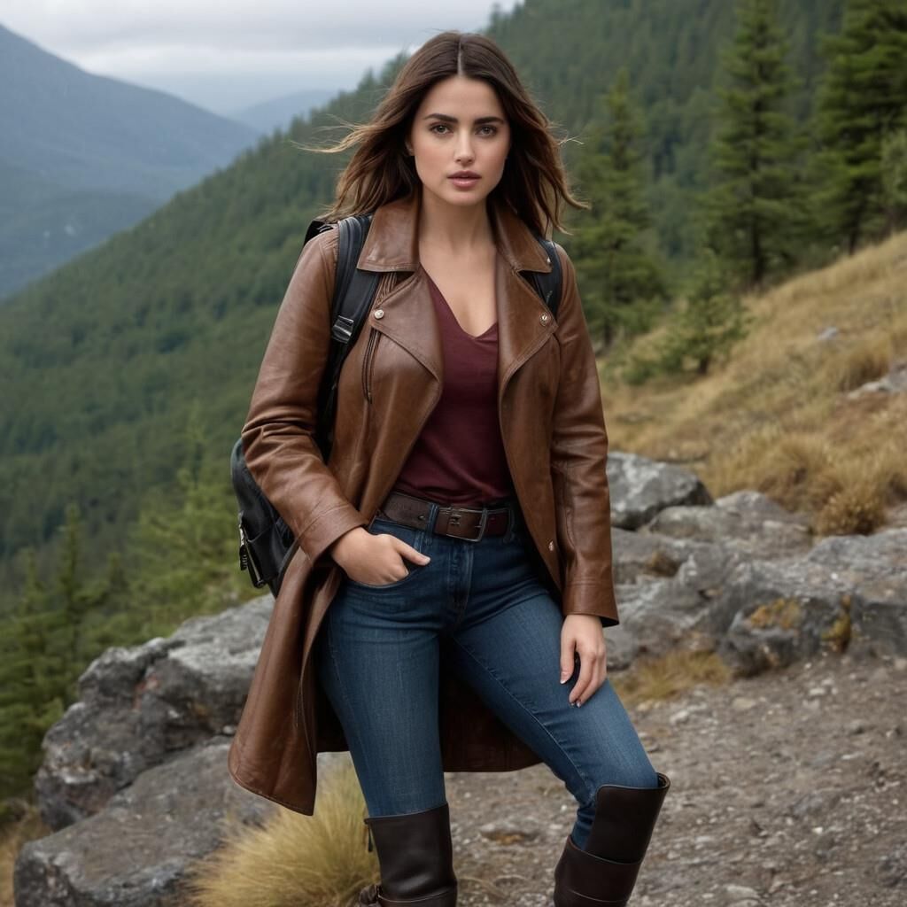 A.I. Ana de Arnas in Leather coat and boots hiking