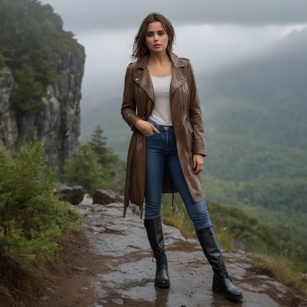 A.I. Ana de Arnas in Leather coat and boots hiking