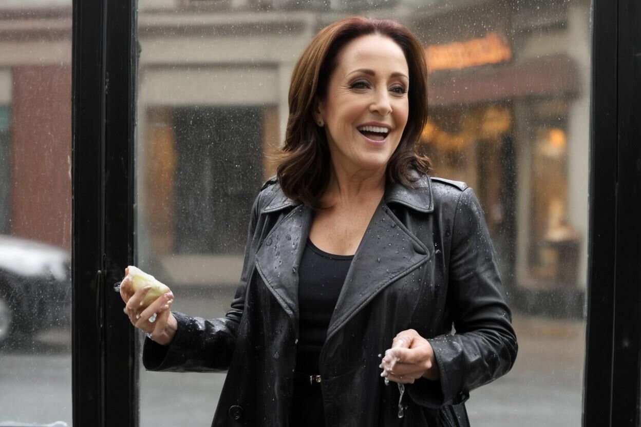 A.I. Patricia Heaton; Window Washing in Black Leather Trenchcoat