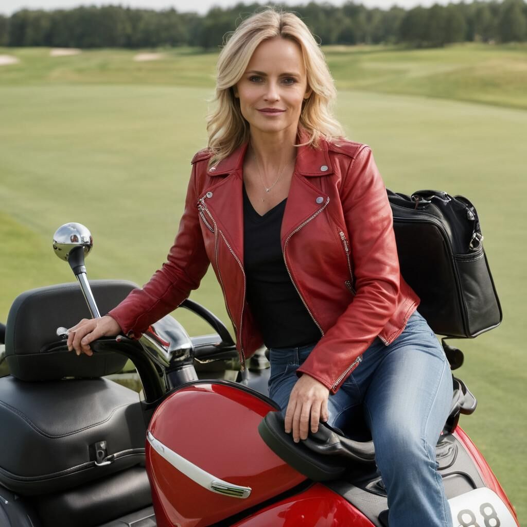 A.I. Sofia Helin in Red Leather Jacket on a Golf court.