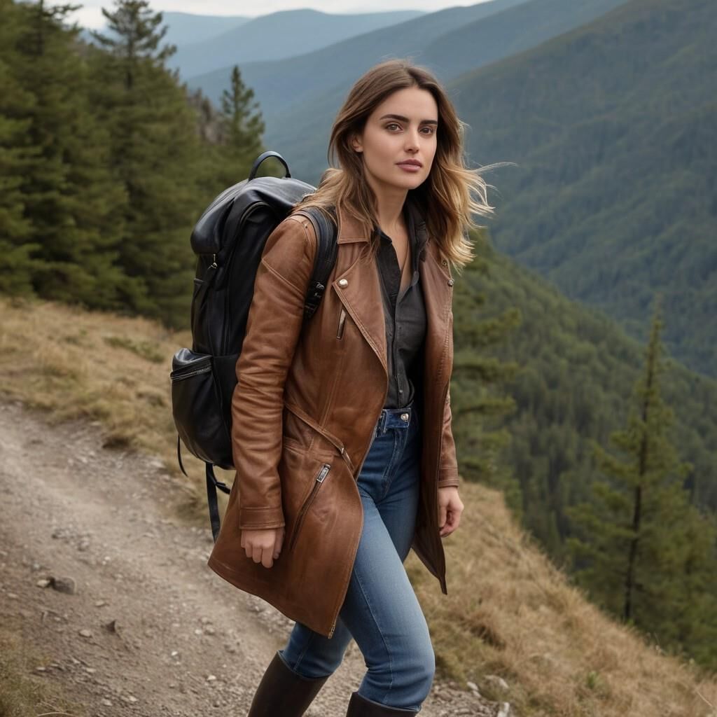 A.I. Ana de Arnas in Leather coat and boots hiking