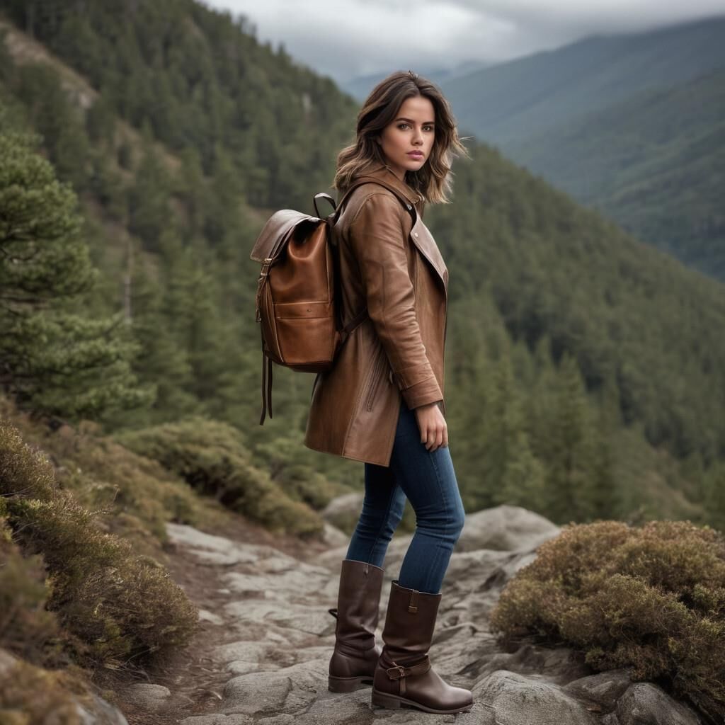 A.I. Ana de Arnas in Leather coat and boots hiking