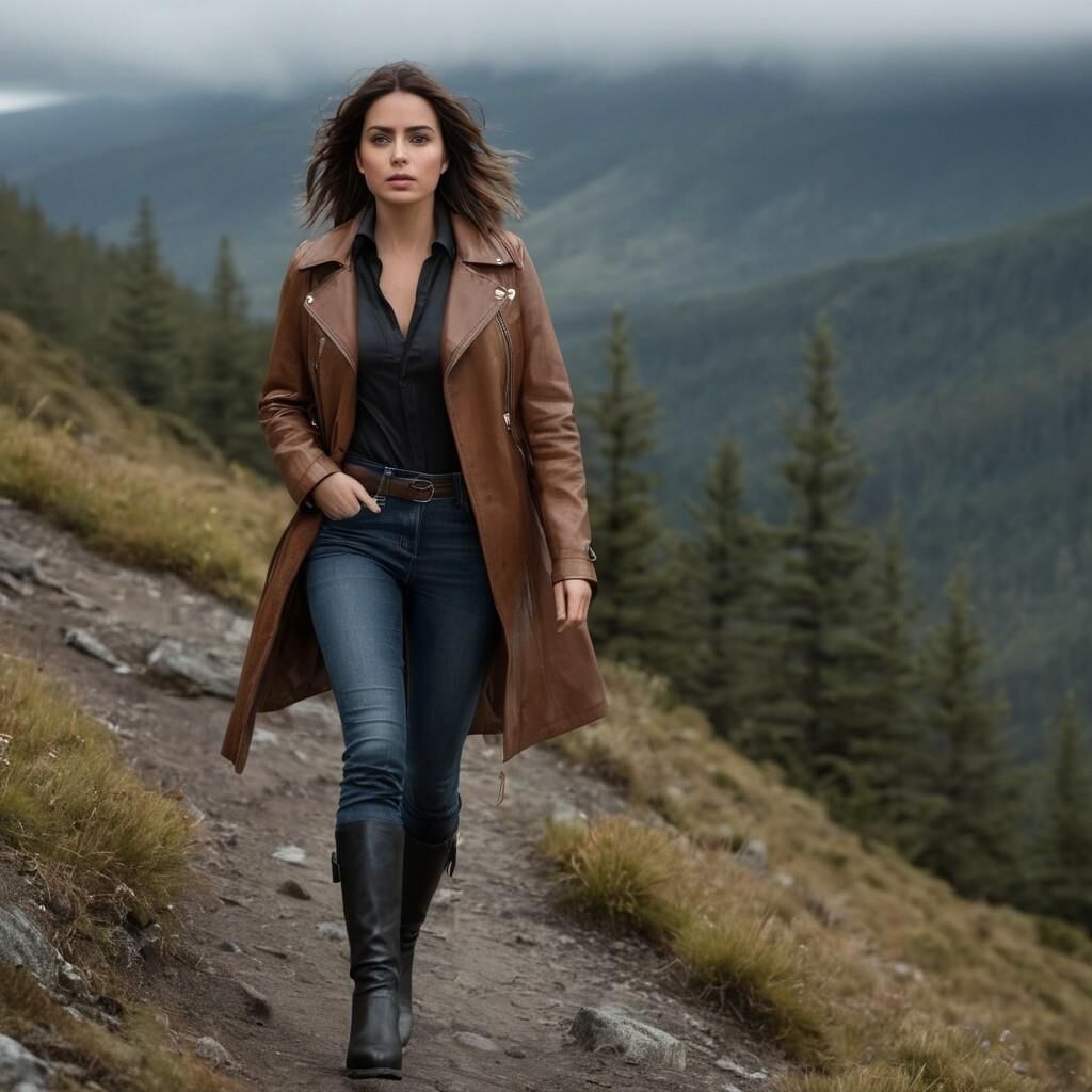 A.I. Ana de Arnas in Leather coat and boots hiking