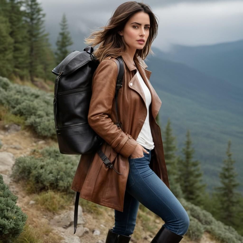 A.I. Ana de Arnas in Leather coat and boots hiking