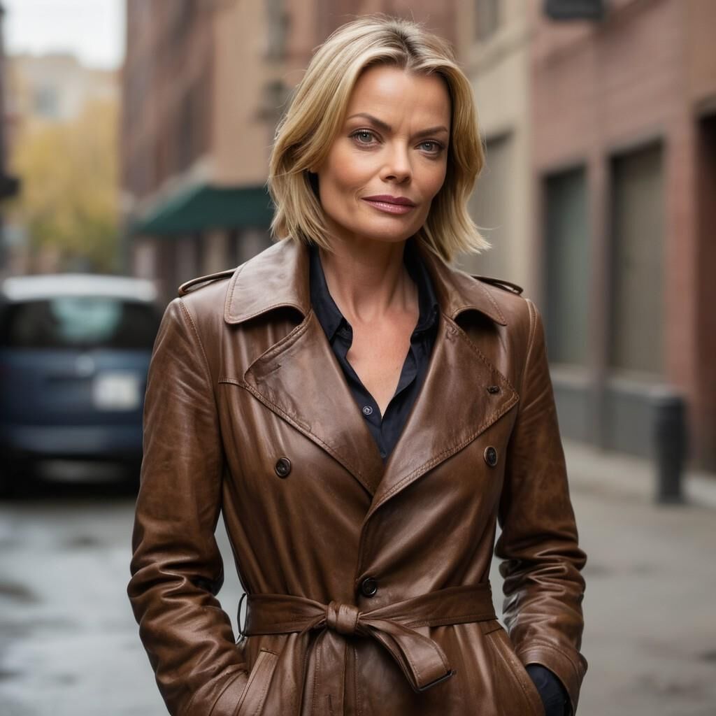 A.I.Jaime Pressly en abrigo de cuero