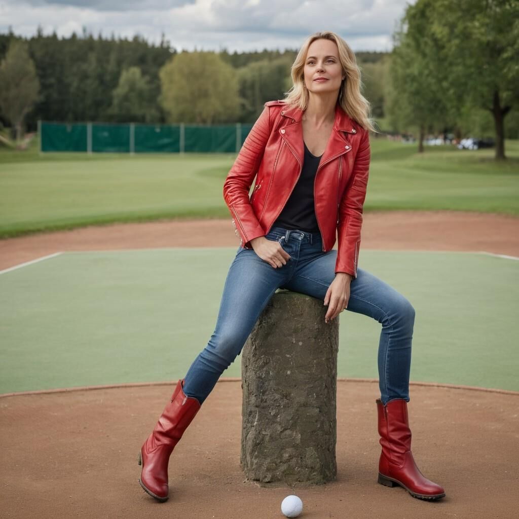 A.I. Sofia Helin in Red Leather Jacket on a Golf court.