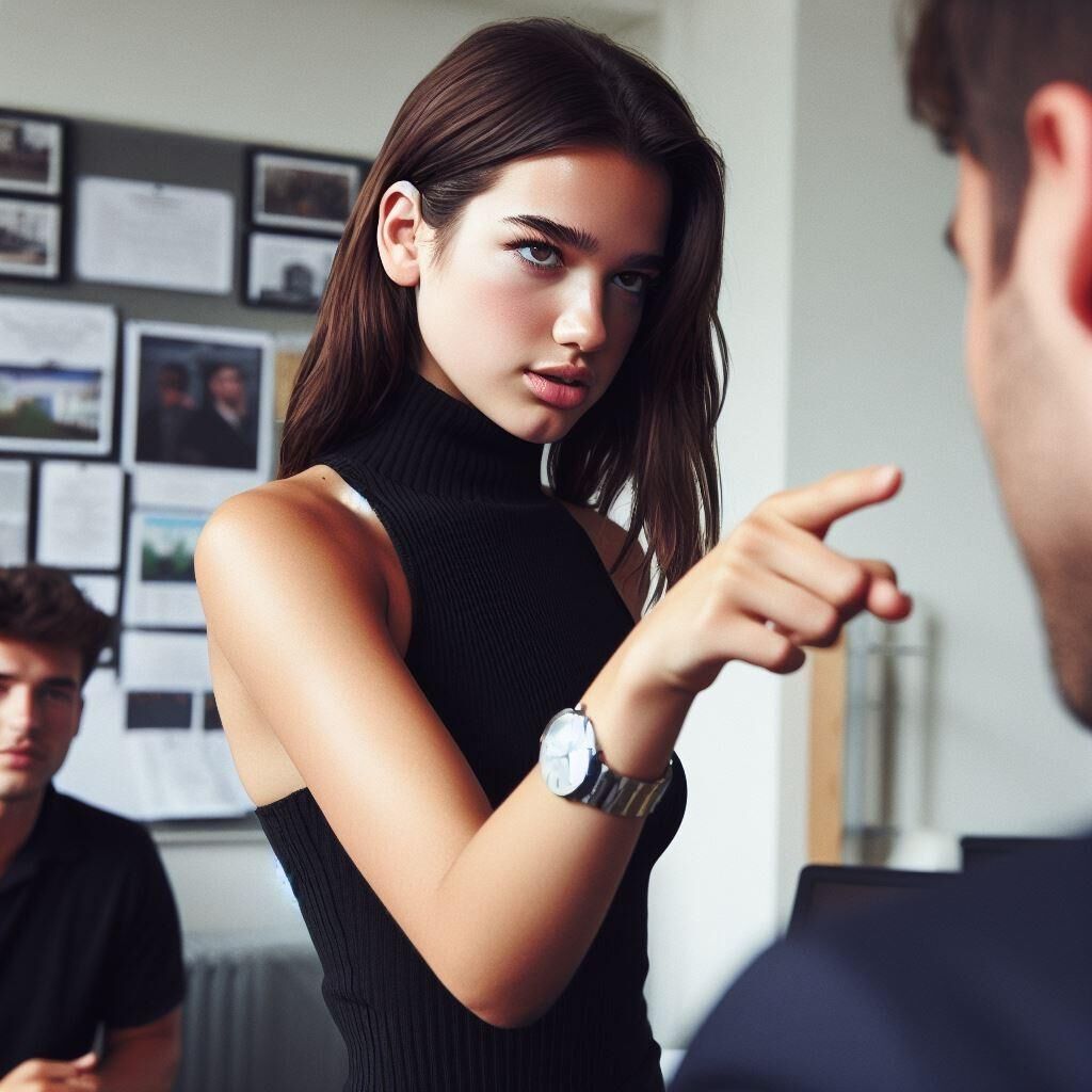  Office manager Dua Lipa wears a sleeveless turtleneck and watch