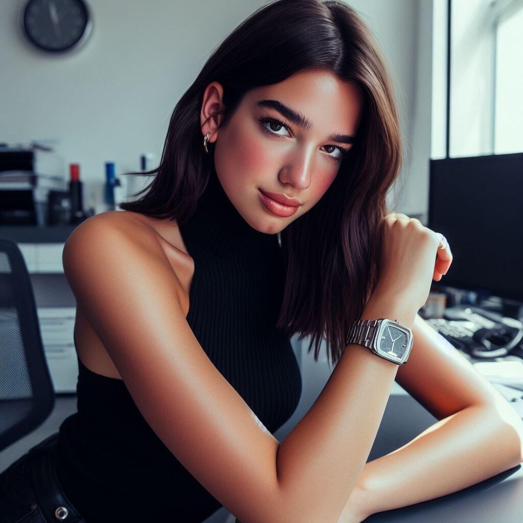  Office manager Dua Lipa wears a sleeveless turtleneck and watch