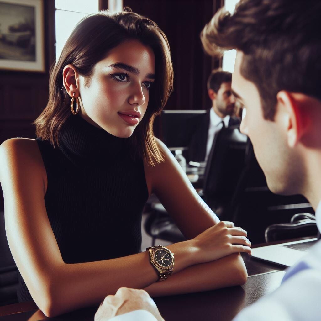  Office manager Dua Lipa wears a sleeveless turtleneck and watch