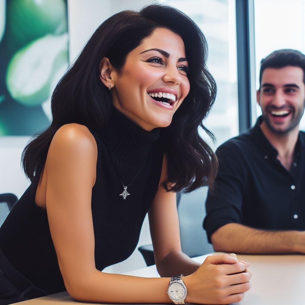 Office manager Marina Diamandis in a sleeveless turtleneck/watch