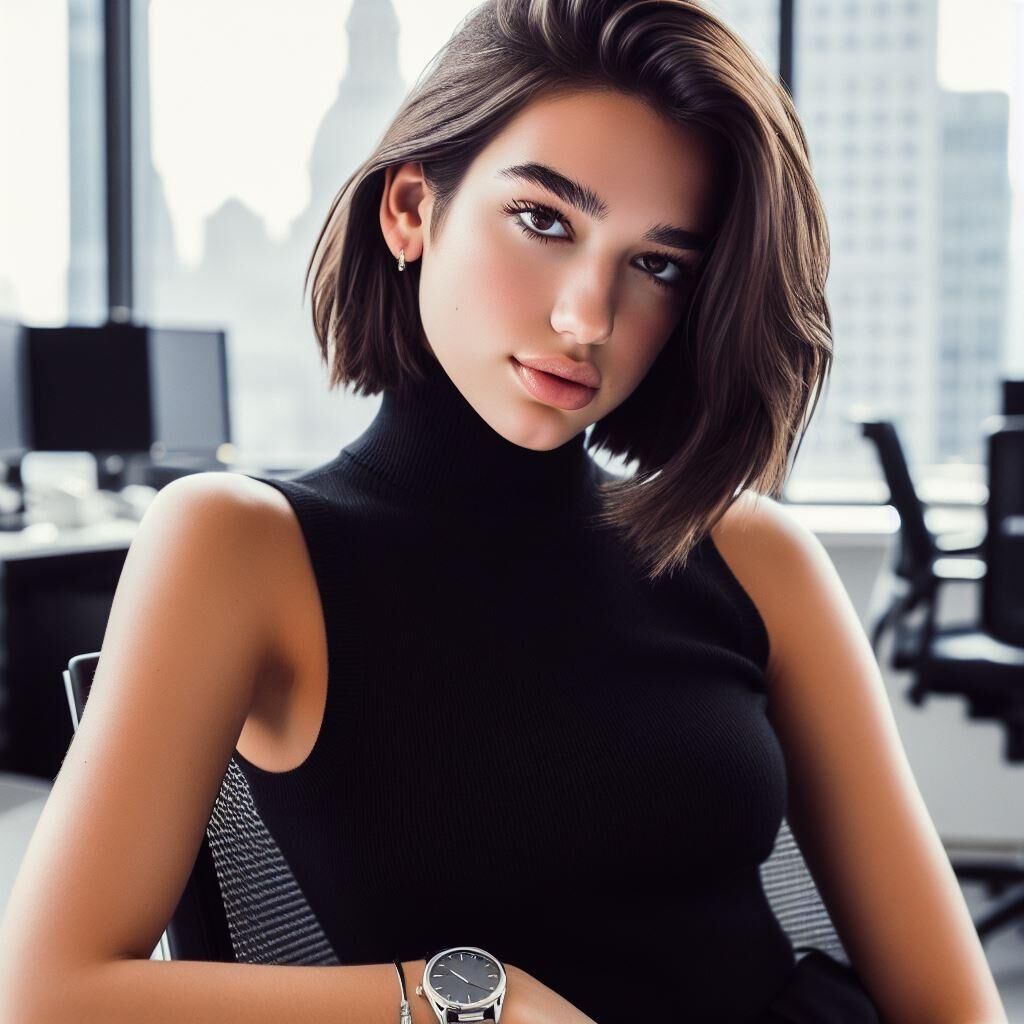  Office manager Dua Lipa wears a sleeveless turtleneck and watch