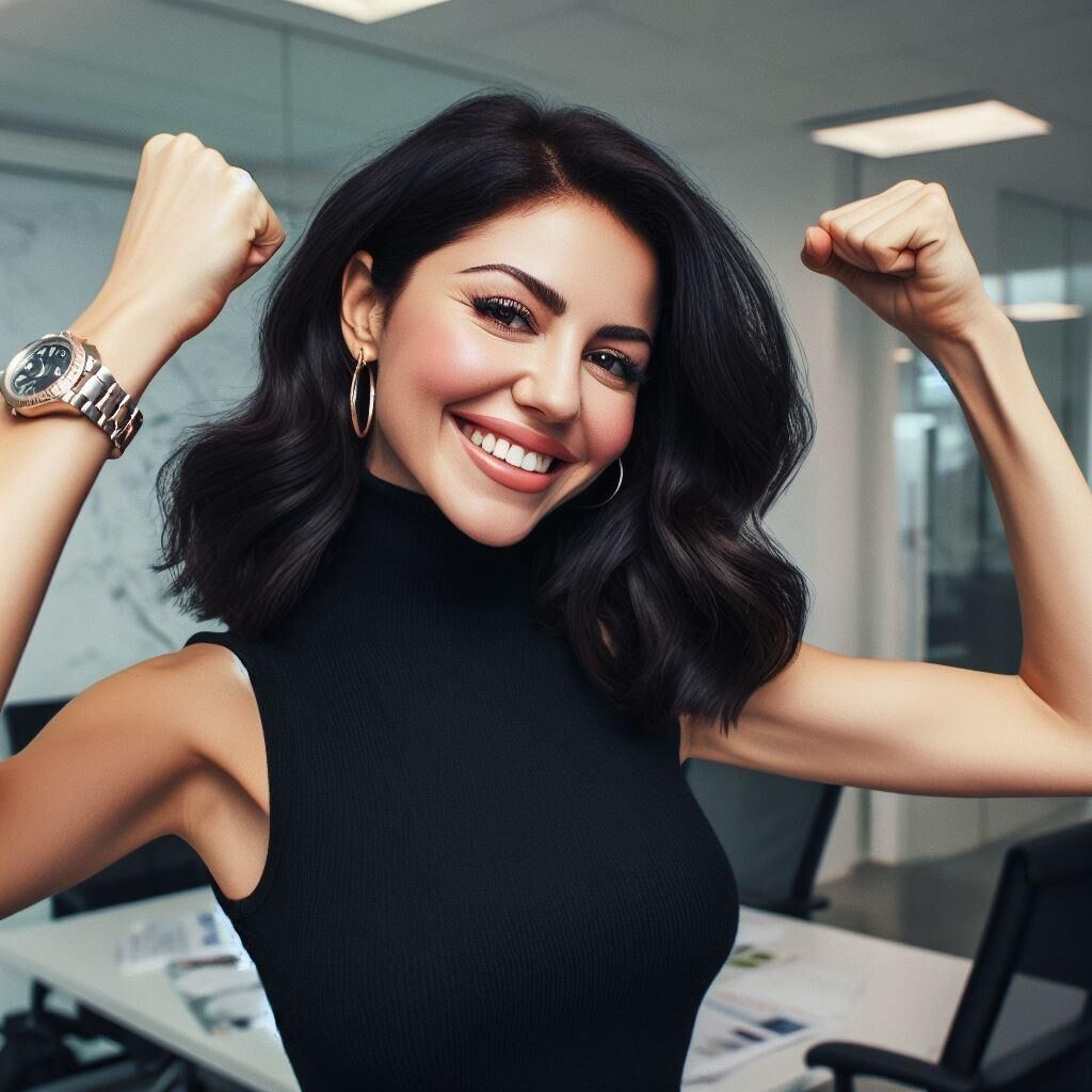 Office manager Marina Diamandis in a sleeveless turtleneck/watch