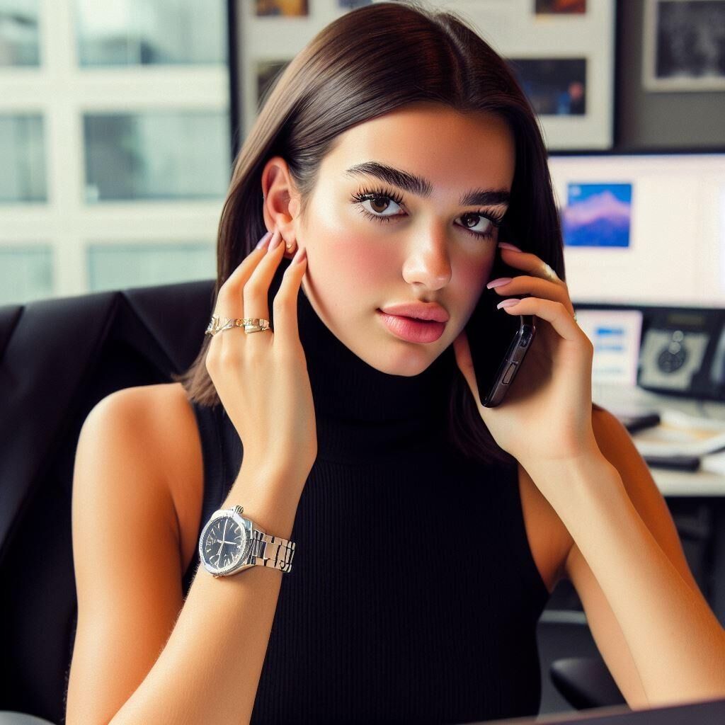  Office manager Dua Lipa wears a sleeveless turtleneck and watch