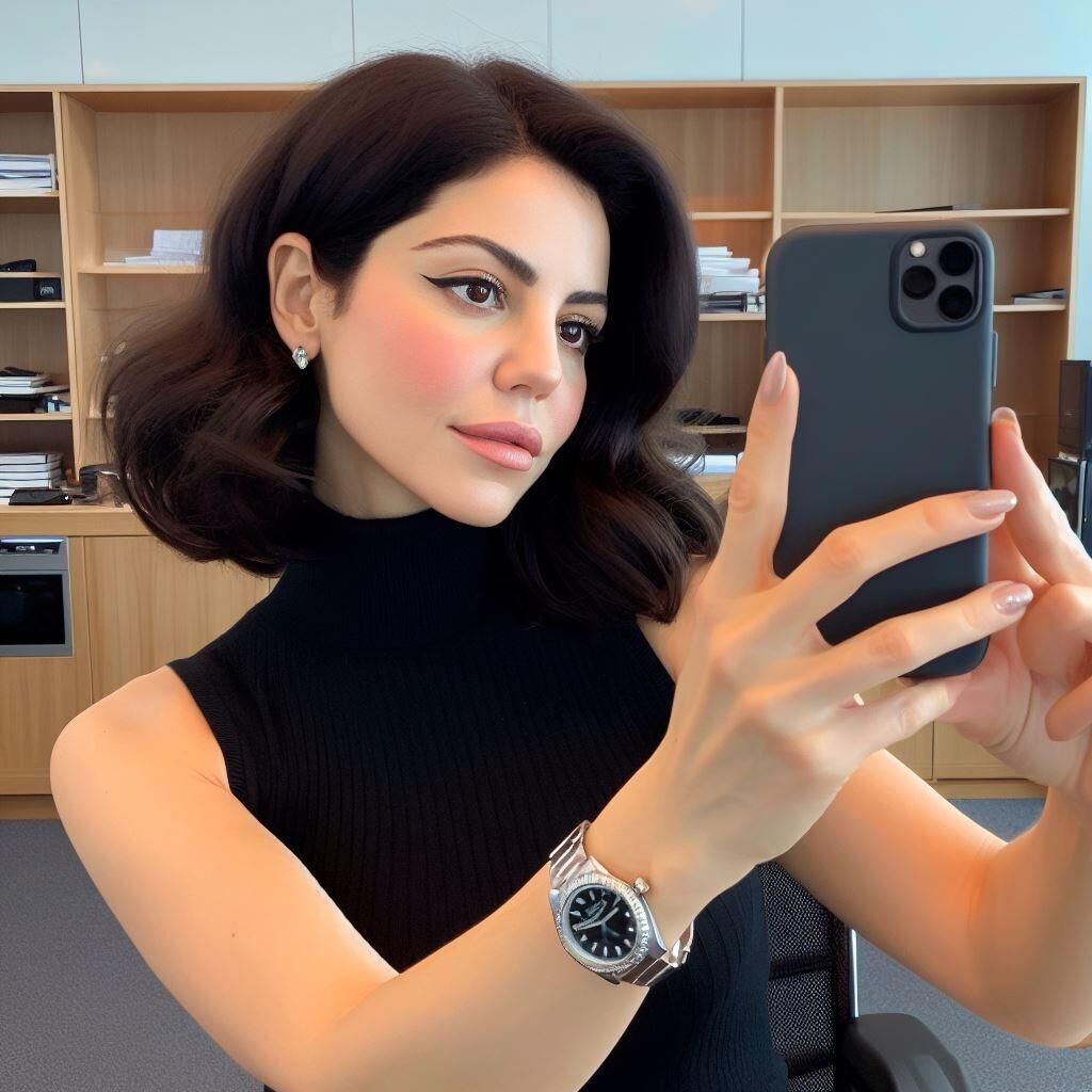 Office manager Marina Diamandis in a sleeveless turtleneck/watch