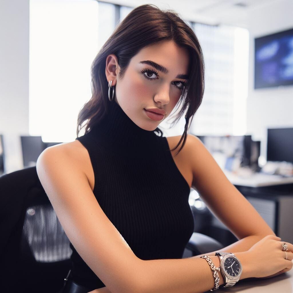  Office manager Dua Lipa wears a sleeveless turtleneck and watch