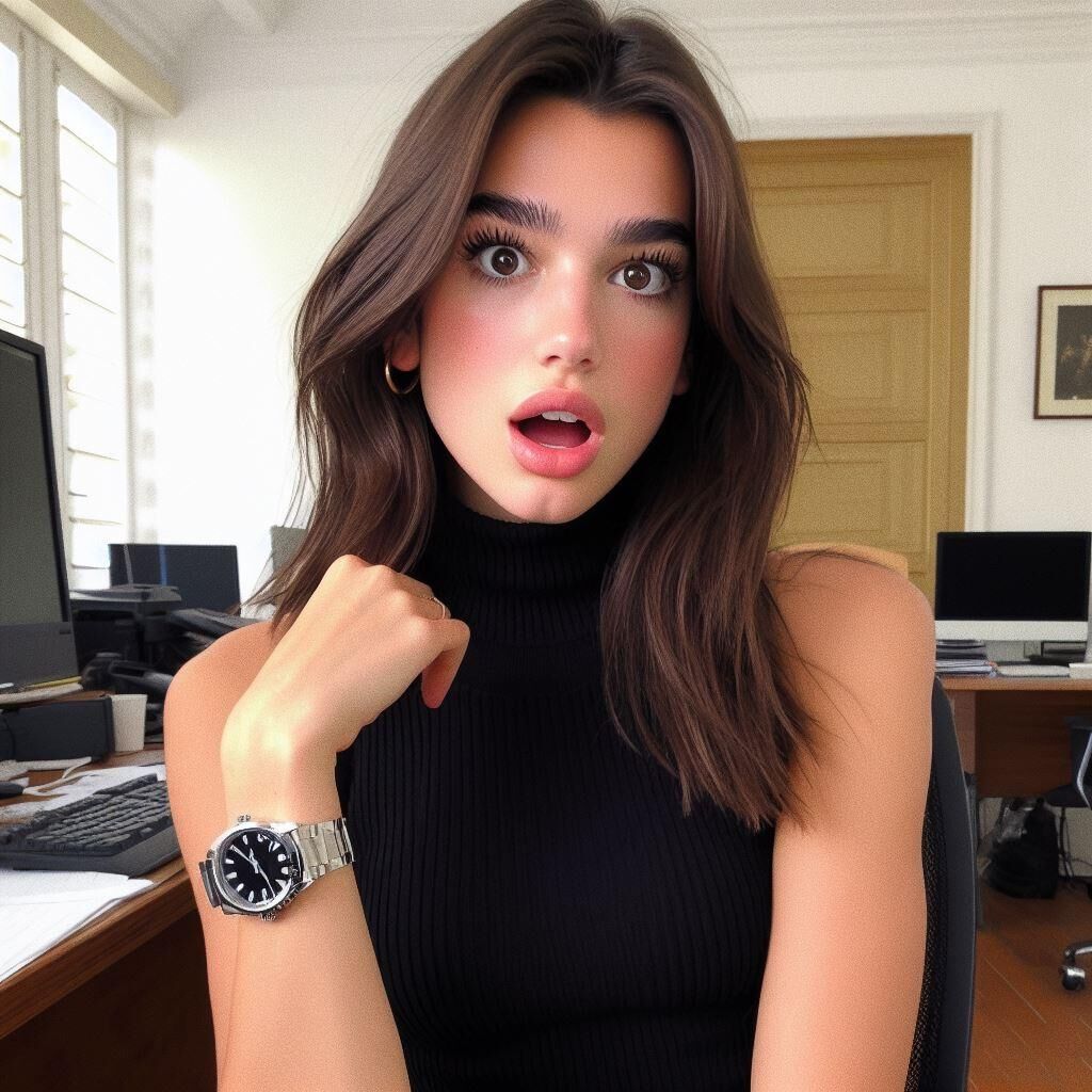  Office manager Dua Lipa wears a sleeveless turtleneck and watch