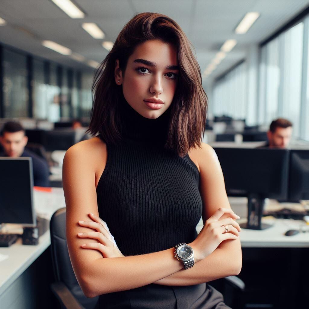  Office manager Dua Lipa wears a sleeveless turtleneck and watch