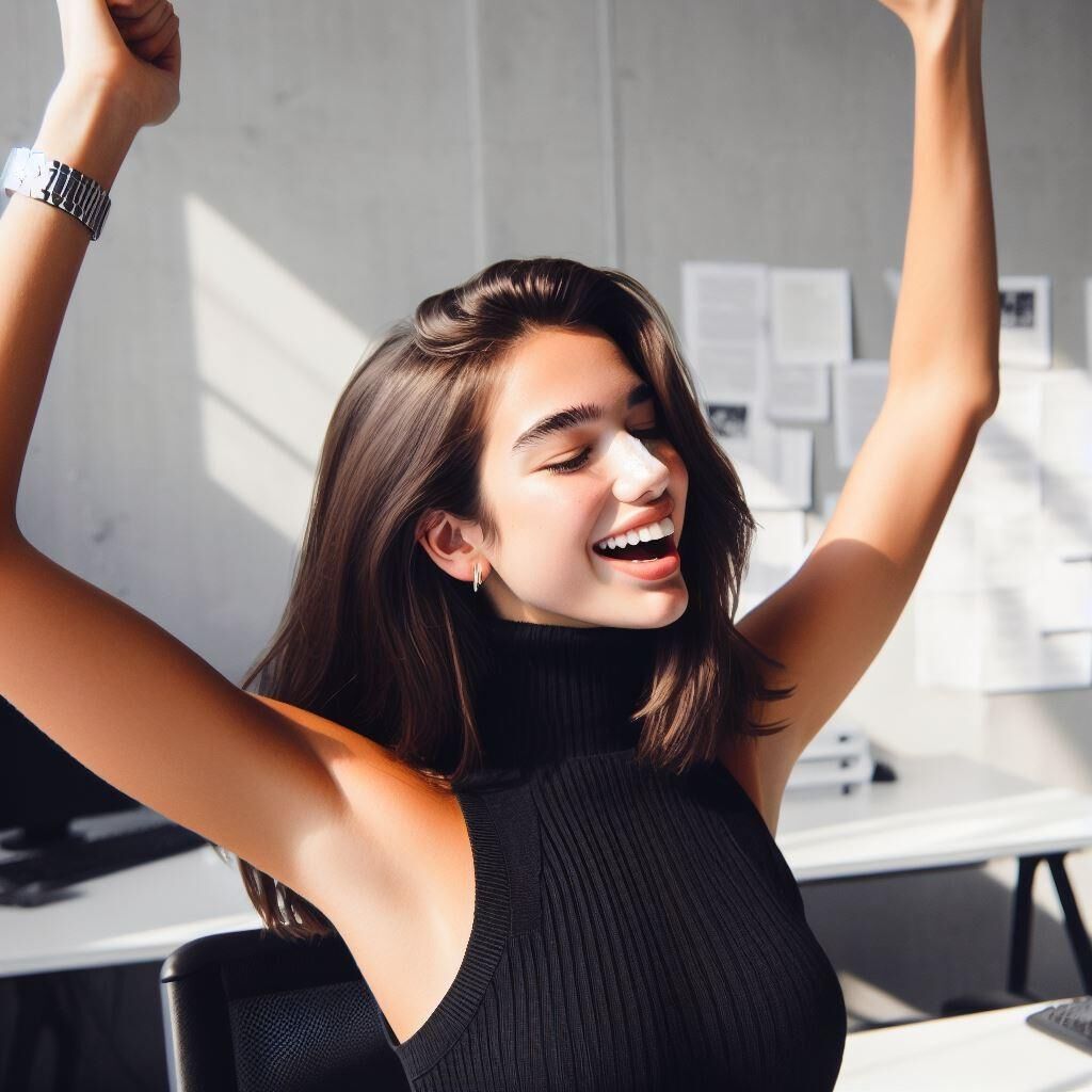  Office manager Dua Lipa wears a sleeveless turtleneck and watch