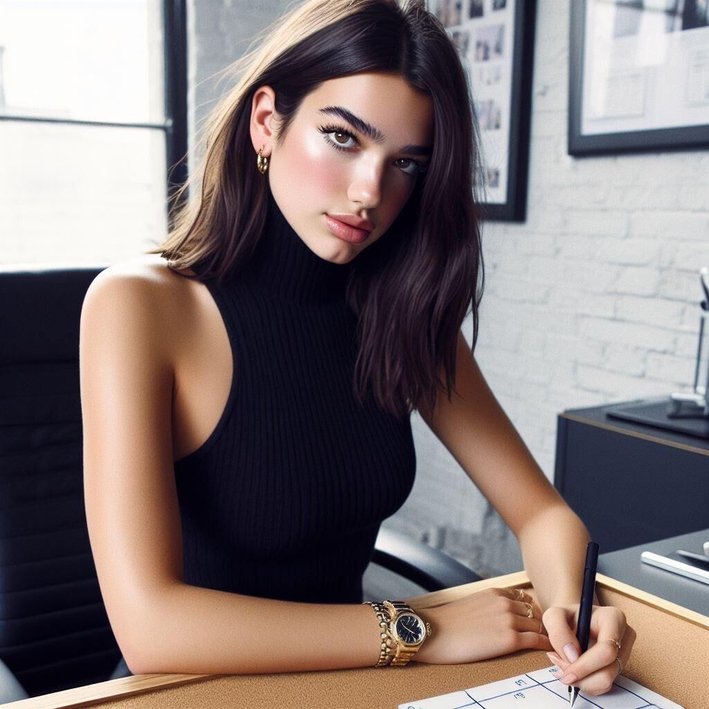  Office manager Dua Lipa wears a sleeveless turtleneck and watch