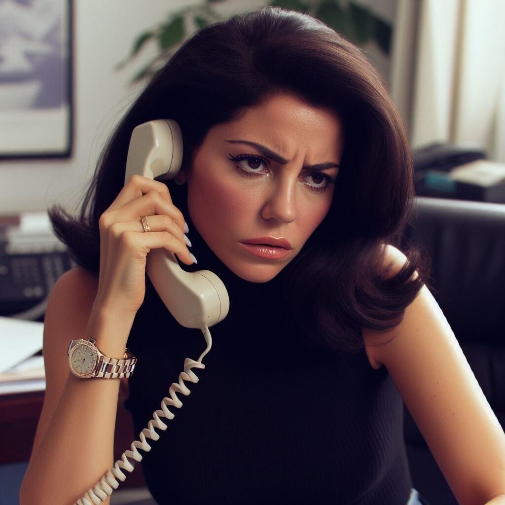 Office manager Marina Diamandis in a sleeveless turtleneck/watch