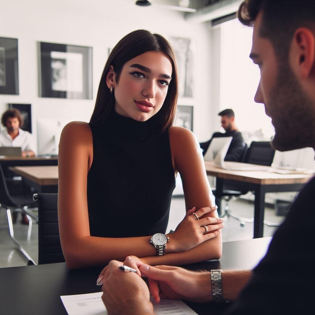  Office manager Dua Lipa wears a sleeveless turtleneck and watch