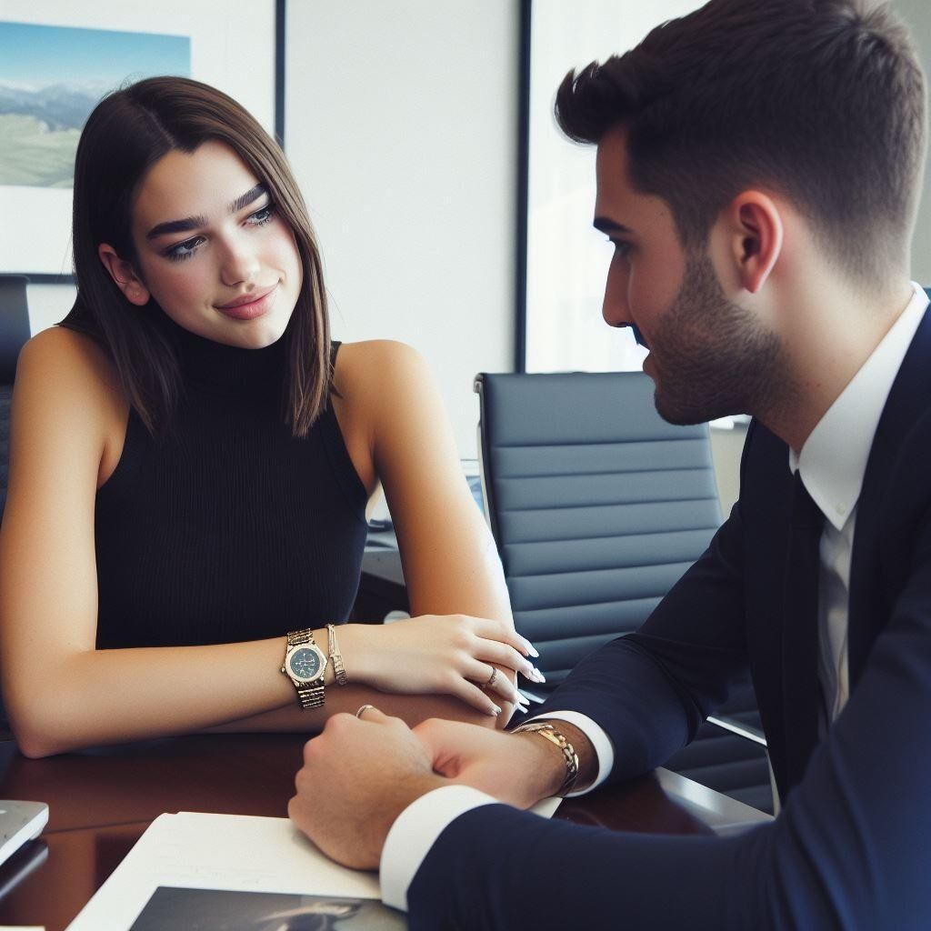  Office manager Dua Lipa wears a sleeveless turtleneck and watch