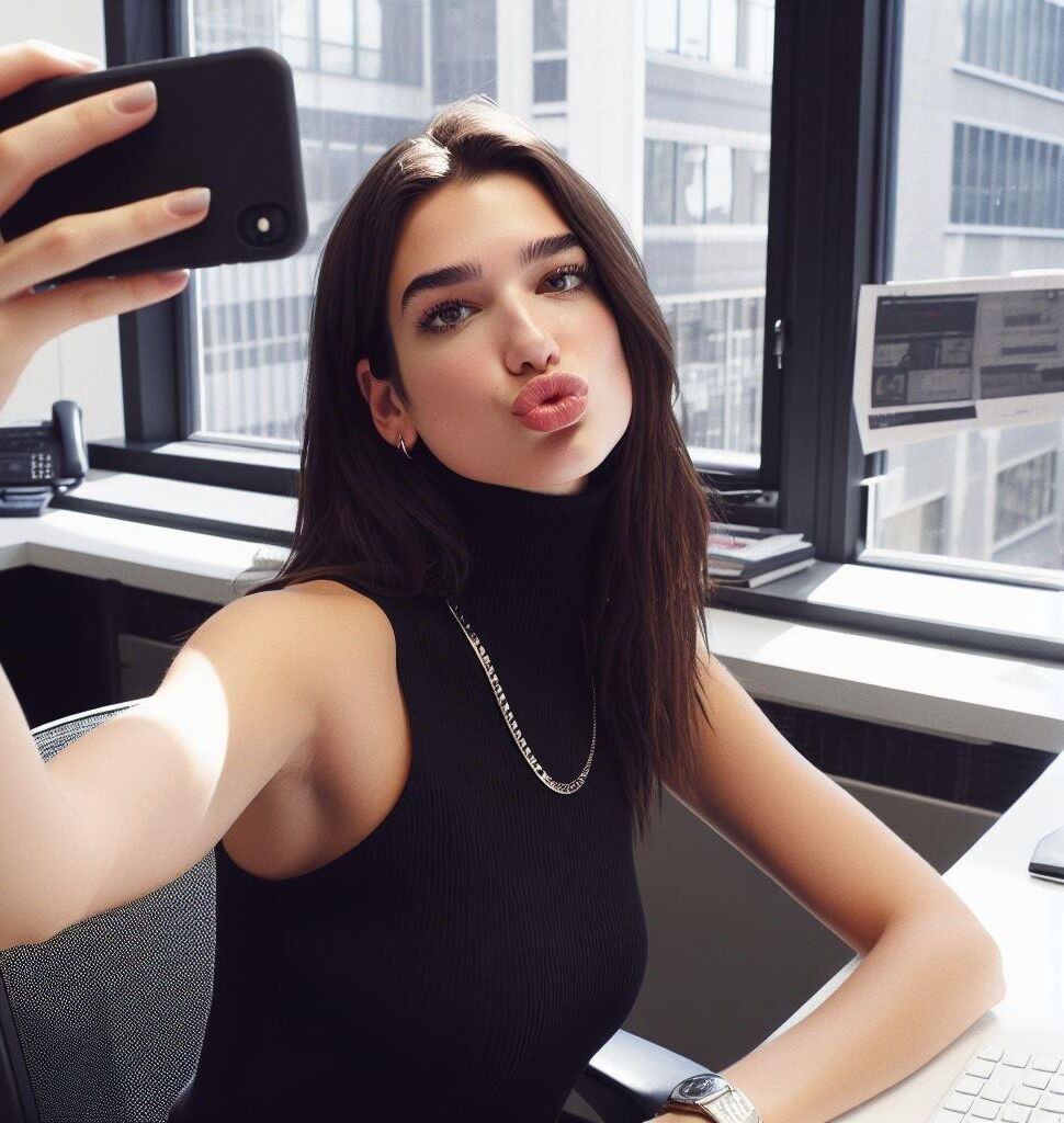  Office manager Dua Lipa wears a sleeveless turtleneck and watch