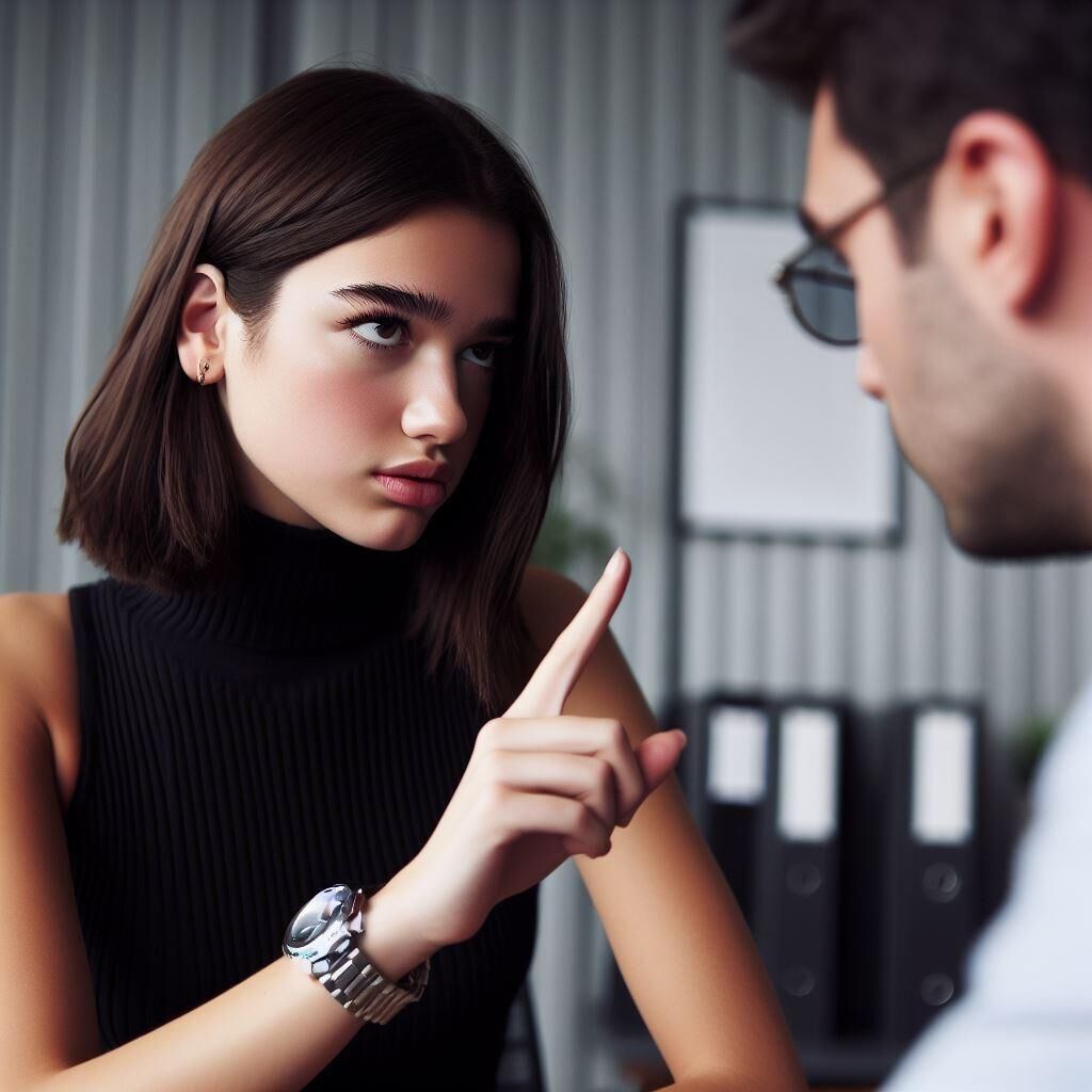  Office manager Dua Lipa wears a sleeveless turtleneck and watch