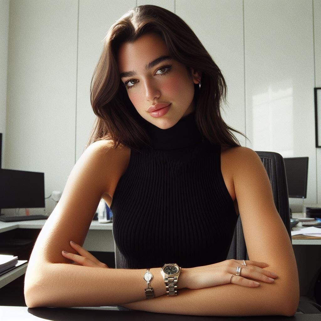  Office manager Dua Lipa wears a sleeveless turtleneck and watch