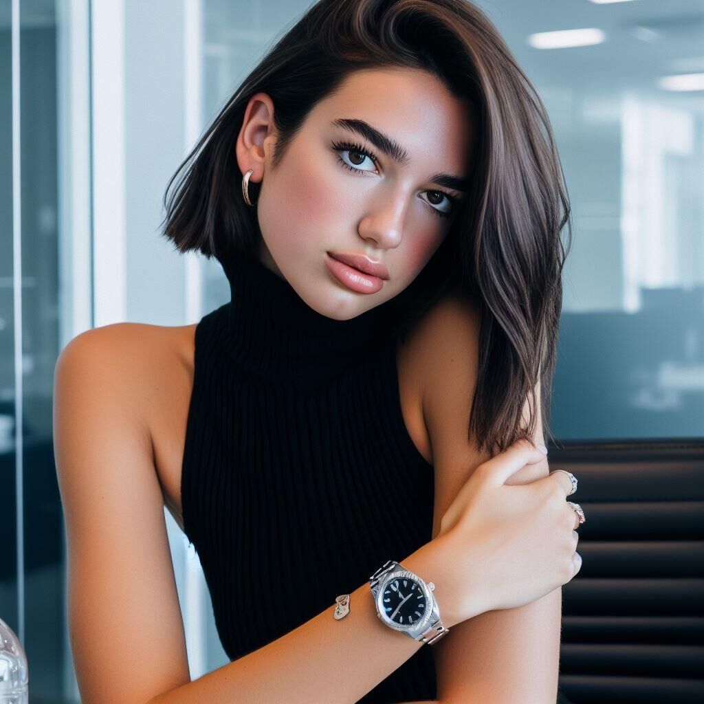  Office manager Dua Lipa wears a sleeveless turtleneck and watch