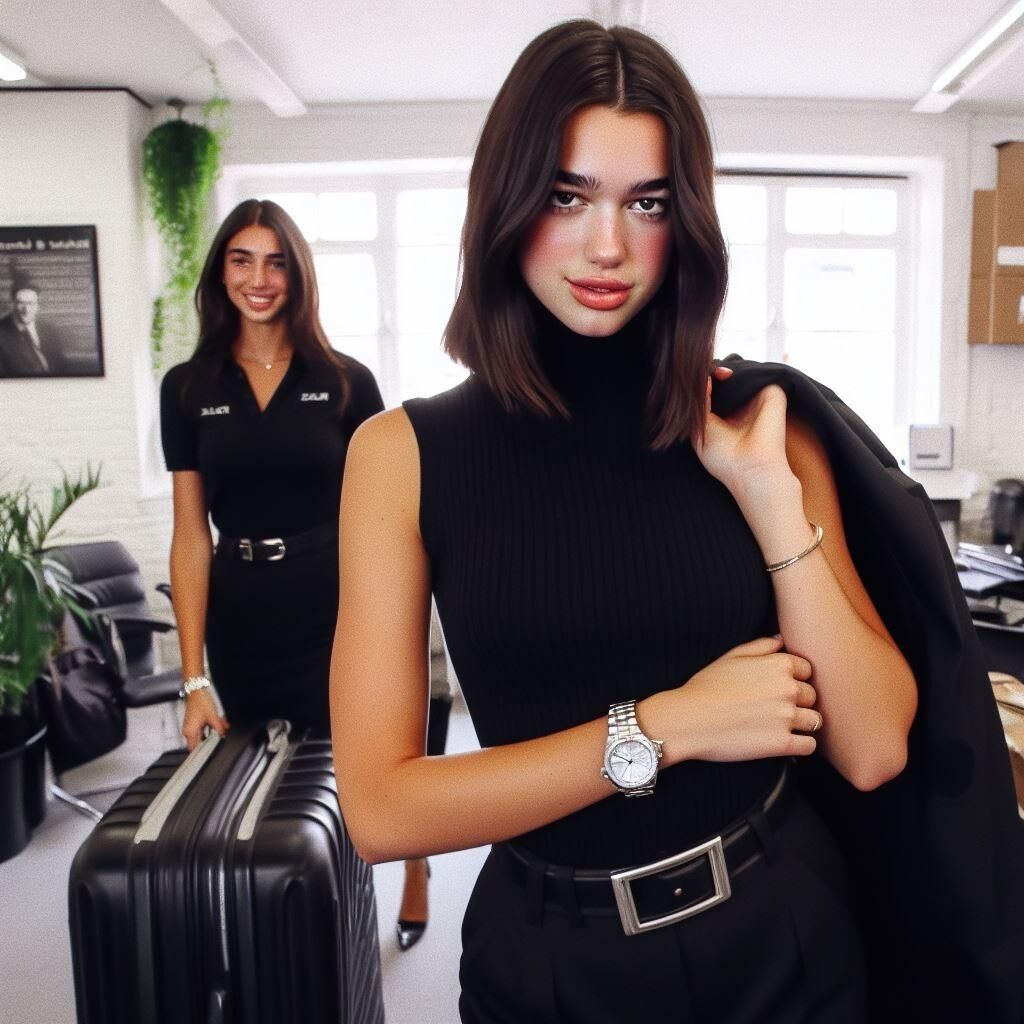  Office manager Dua Lipa wears a sleeveless turtleneck and watch