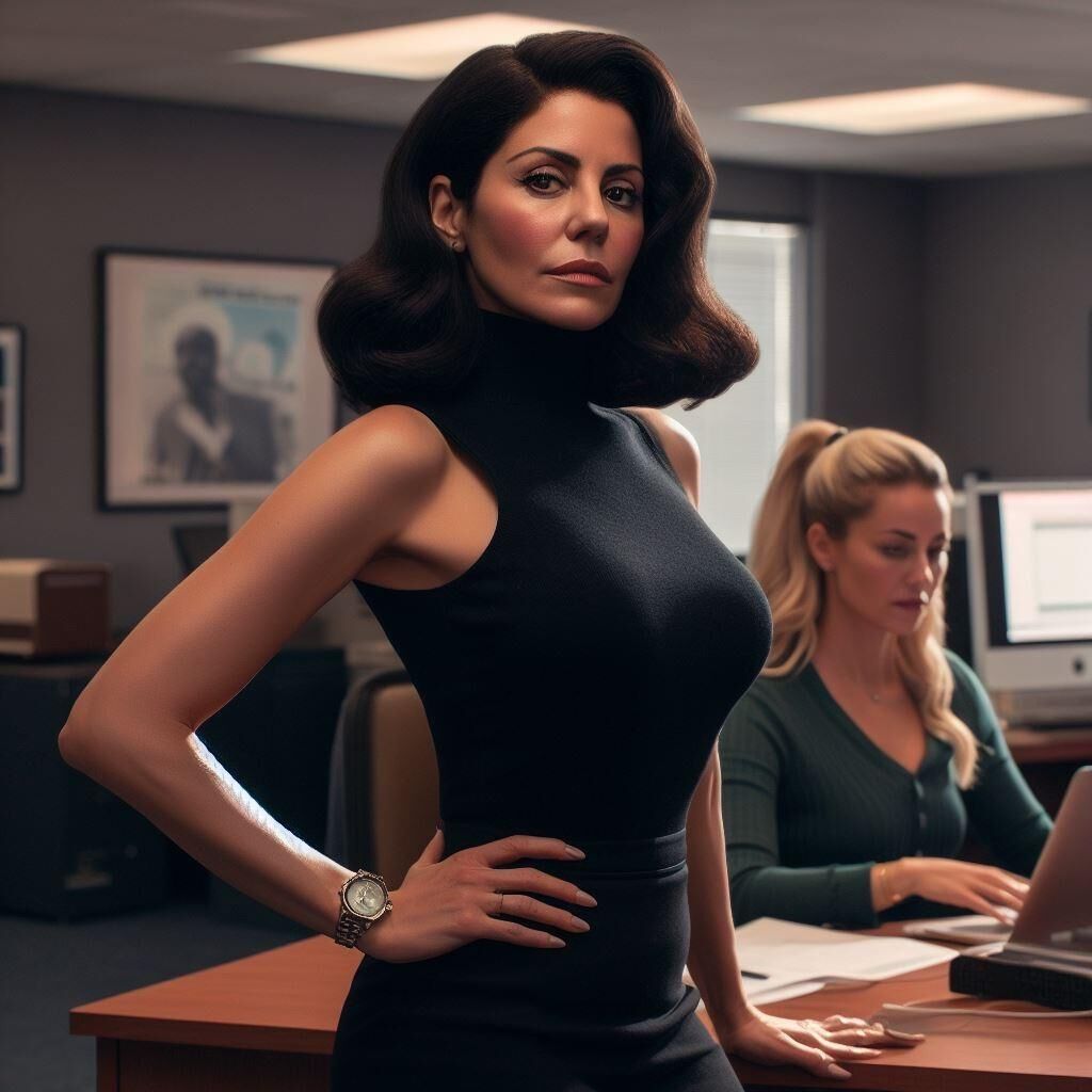 Office manager Marina Diamandis in a sleeveless turtleneck/watch