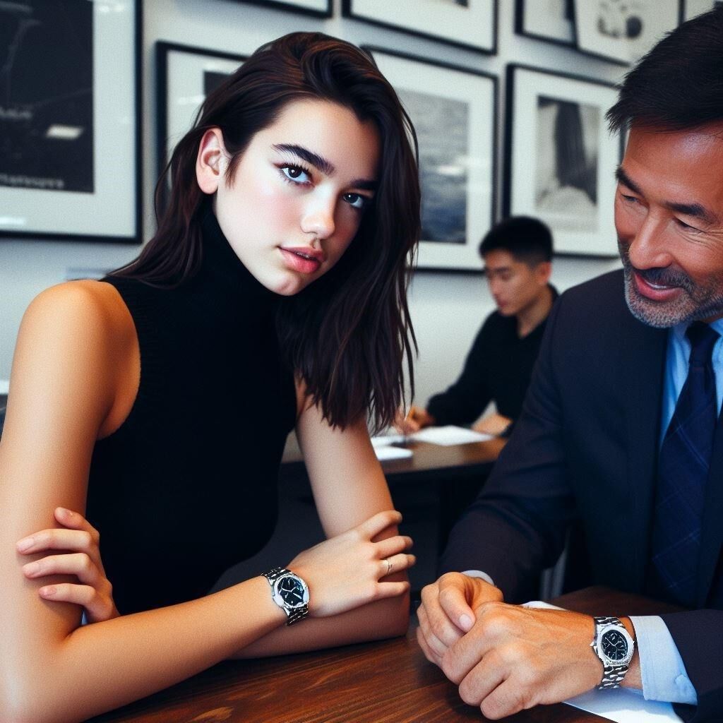  Office manager Dua Lipa wears a sleeveless turtleneck and watch