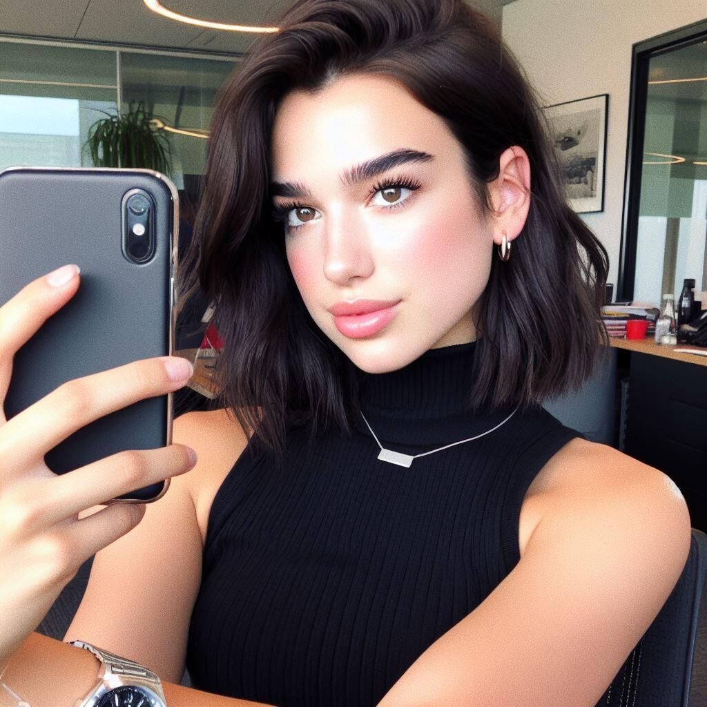  Office manager Dua Lipa wears a sleeveless turtleneck and watch